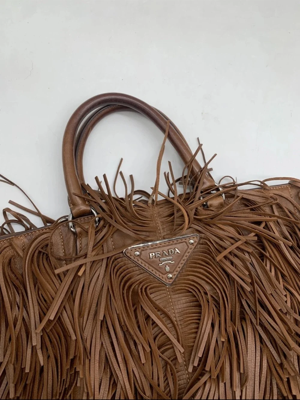 Prada large Brown Leather Fringe tote with Shoulder Strap studs